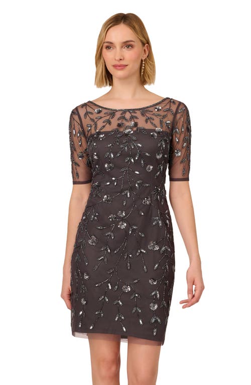 Shop Adrianna Papell Floral Beaded Cocktail Dress In Gunmetal