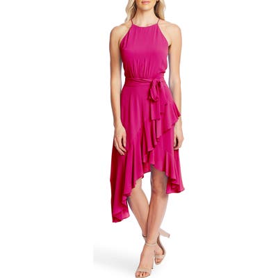 Cece Asymmetrical Cascading Ruffle Hem Dress, Pink