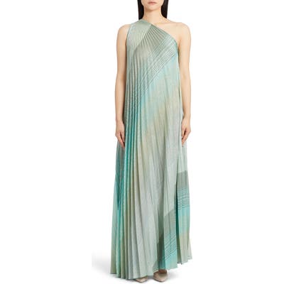 Missoni One-Shoulder Plisse Metallic Stripe Knit Gown, US / 42 IT - Green