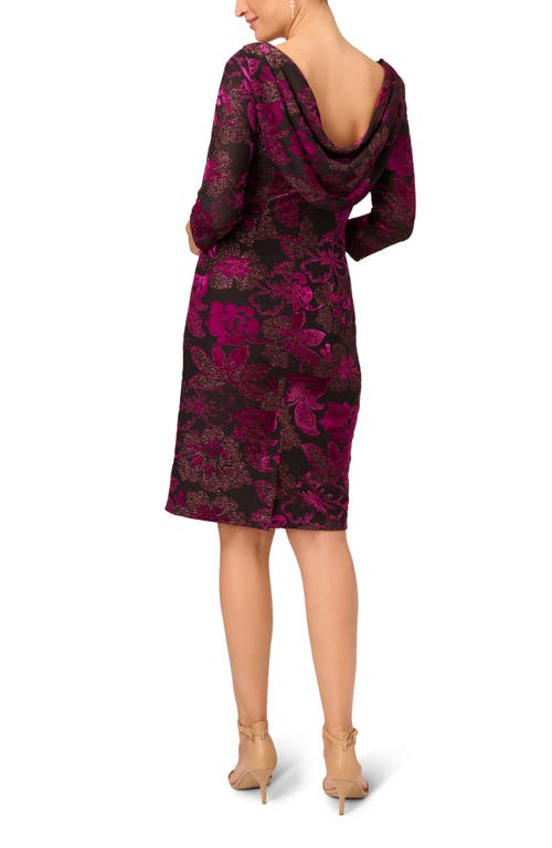 ADRIANNA PAPELL ADRIANNA PAPELL FLORAL METALLIC DRAPE BACK THREE-QUARTER SLEEVE MIDI BURNOUT VELVET SHEATH DRESS