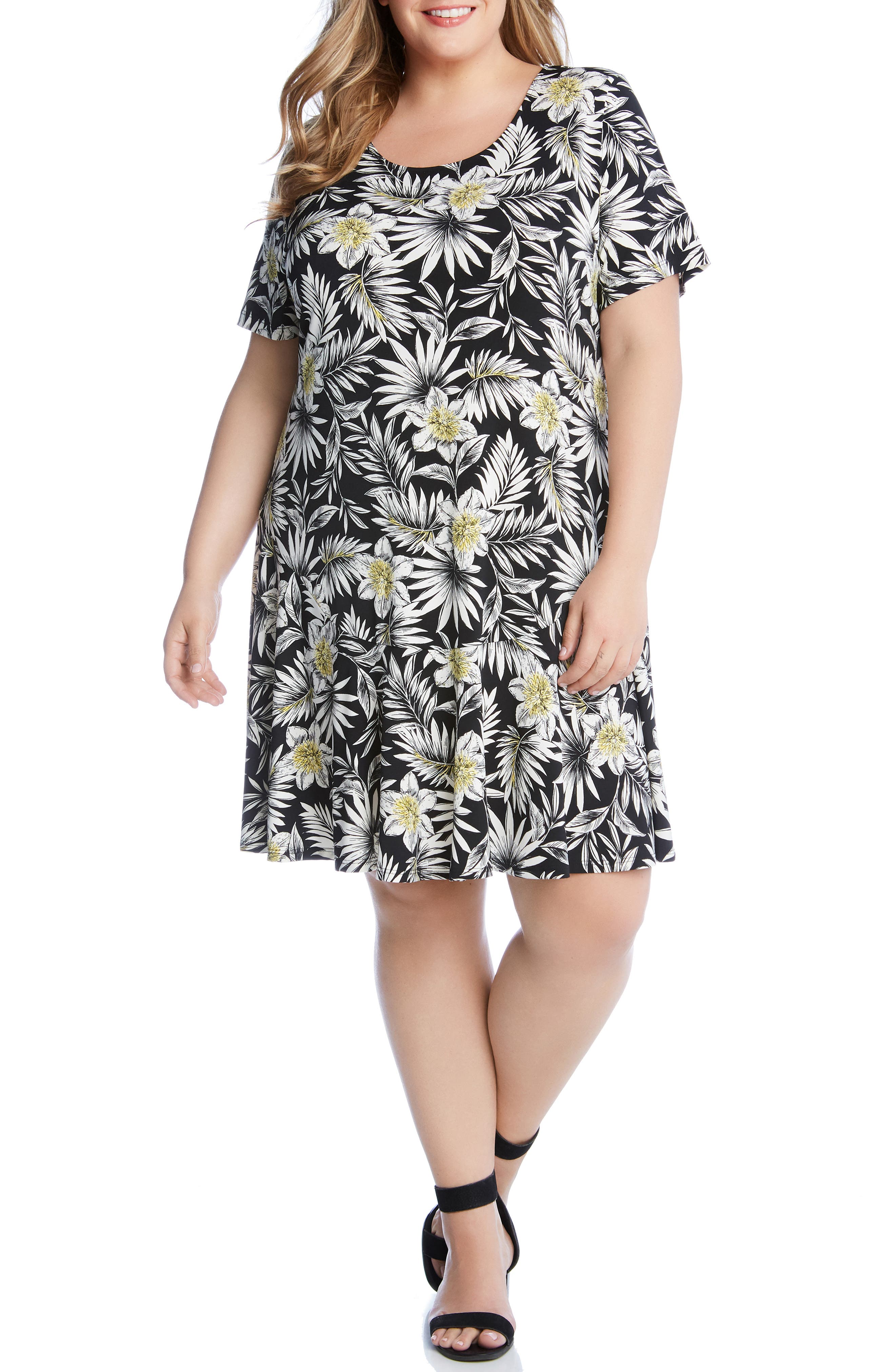 Plus Size Karen Kane Dakota Palm Blossom Dress, Black