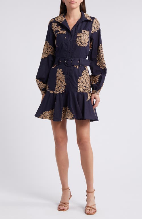 Shop Ciebon Ina Embroidered Long Sleeve Cotton Shirtdress In Navy Tan