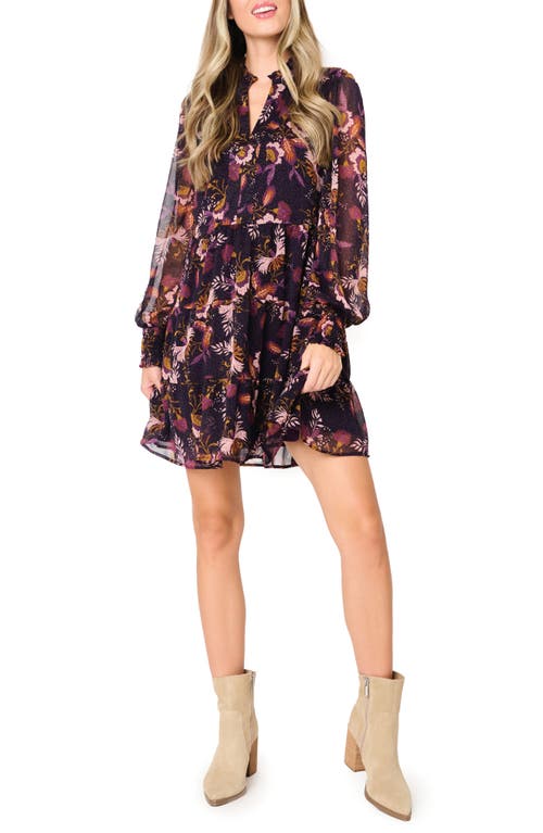 Gibsonlook Floral Long Sleeve Chiffon Babydoll Dress In Botanical Eggplant