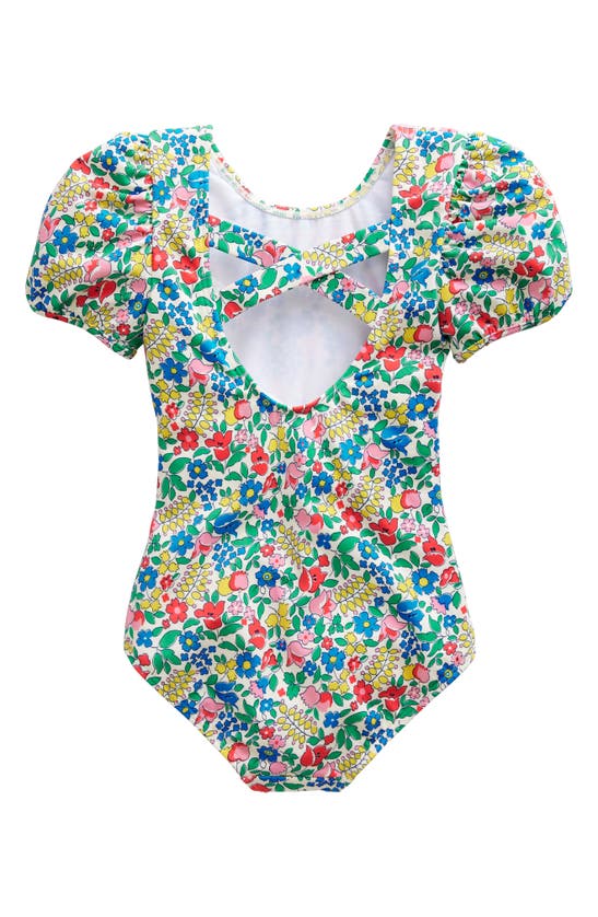 Shop Mini Boden Kids' Puff Sleeve One-piece Swimsuit In Multi Flowerbed