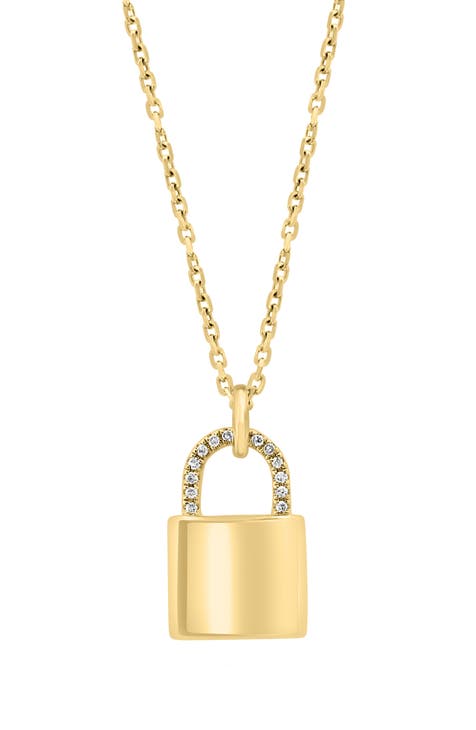 14K Yellow Gold Diamond Lock Pendant Necklace - 0.05ct.