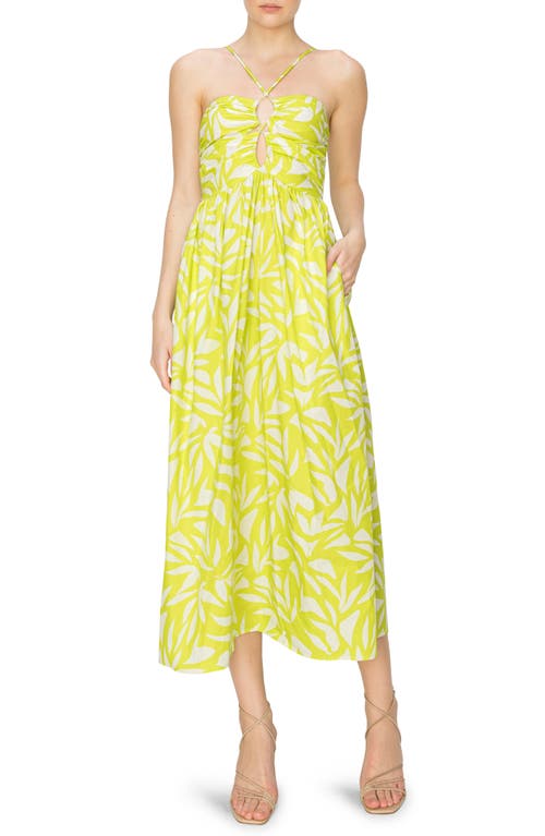 Melloday Leaf Print Halter Strap Dress In Lime/ivory Print