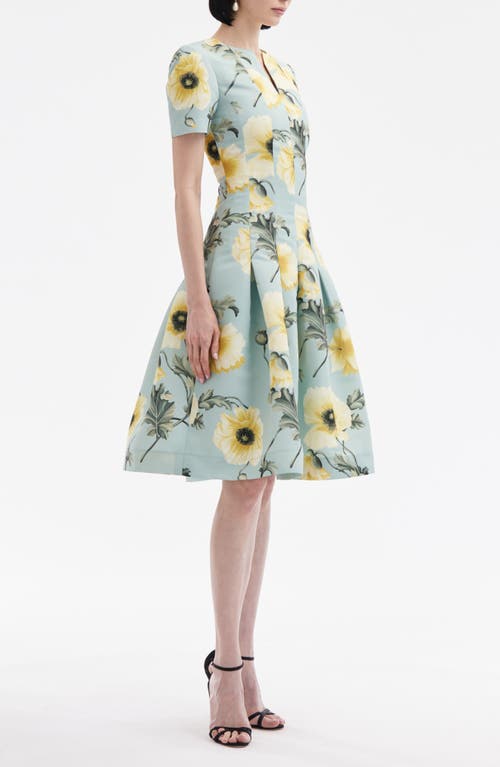 Shop Oscar De La Renta Poppies Floral Pleated Fit & Flare Dress In Sage/yellow