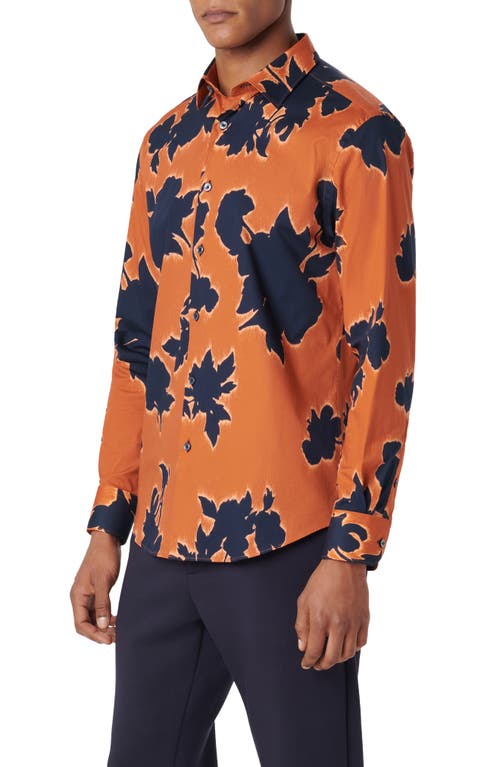 Bugatchi Julian Shaped Fit Floral Print Stretch Cotton Button-up Shirt In Burnt Orange