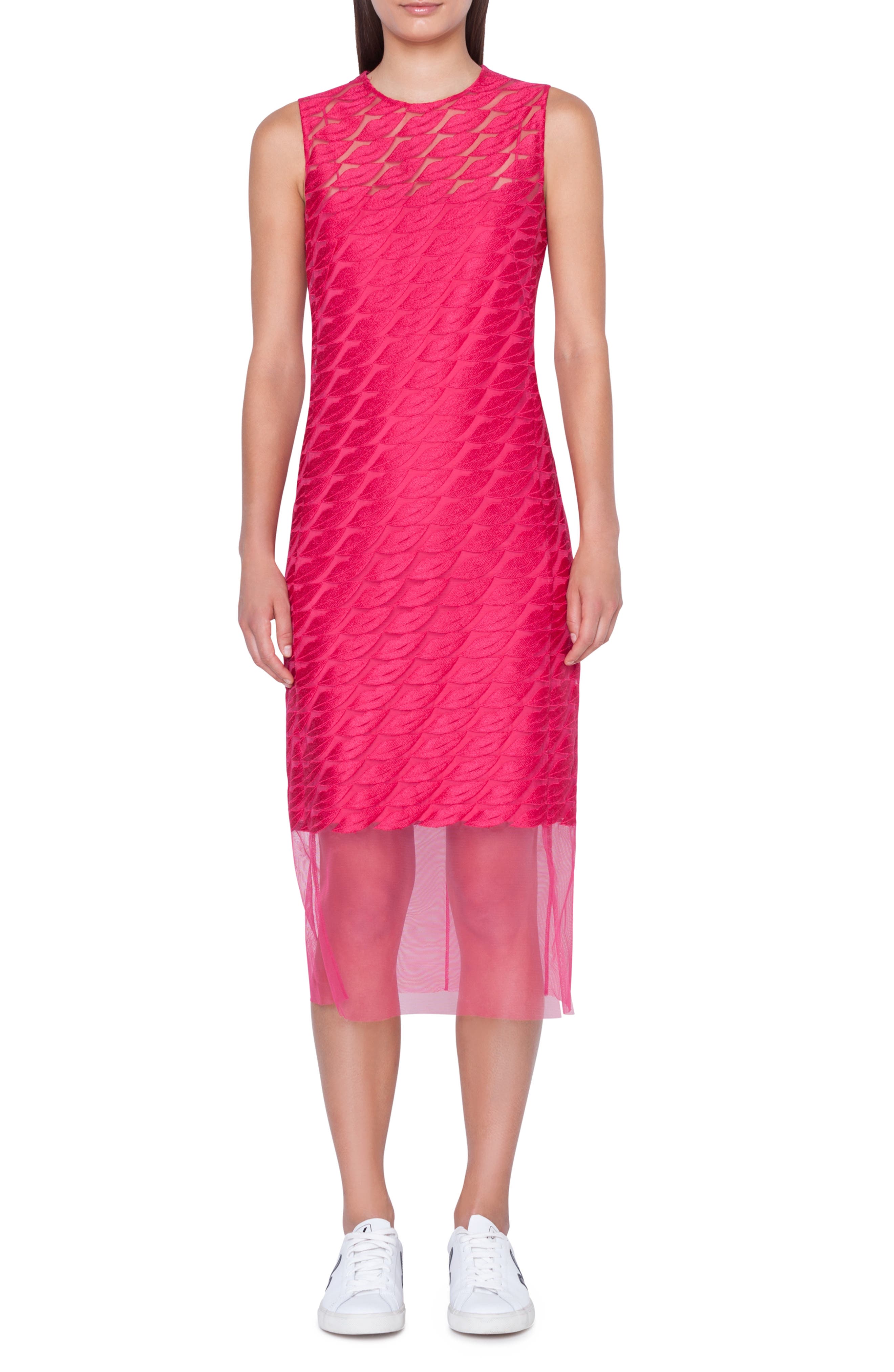 Akris Lip Embroidered Tulle Overlay Dress, Pink