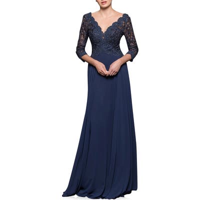 Marsoni V-Neck Lace & Chiffon Trumpet Gown, Blue