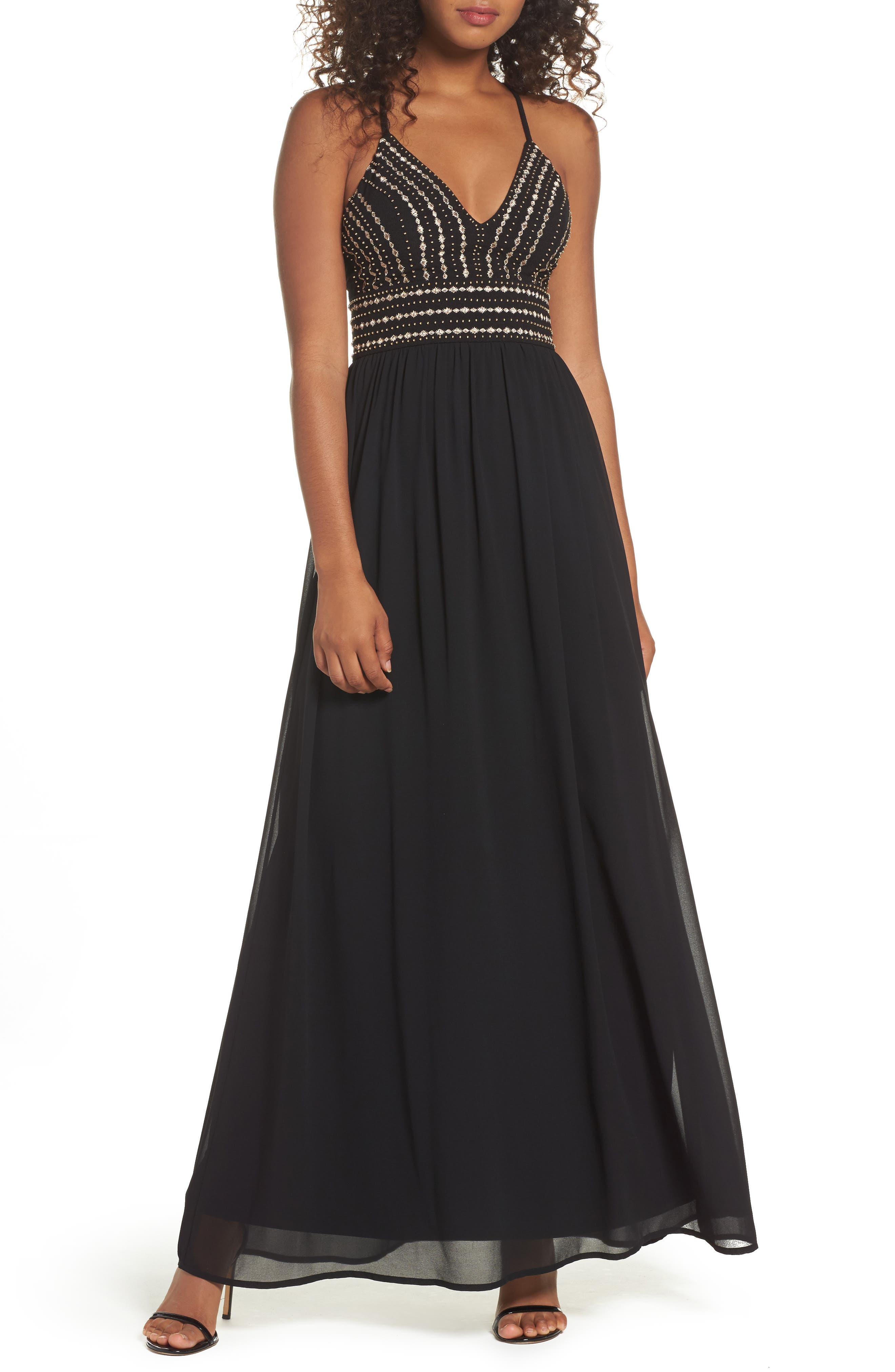 glamorous gala black embroidered maxi dress