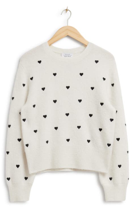 Embroidered Red Heart Turtleneck Crop Sweater in White