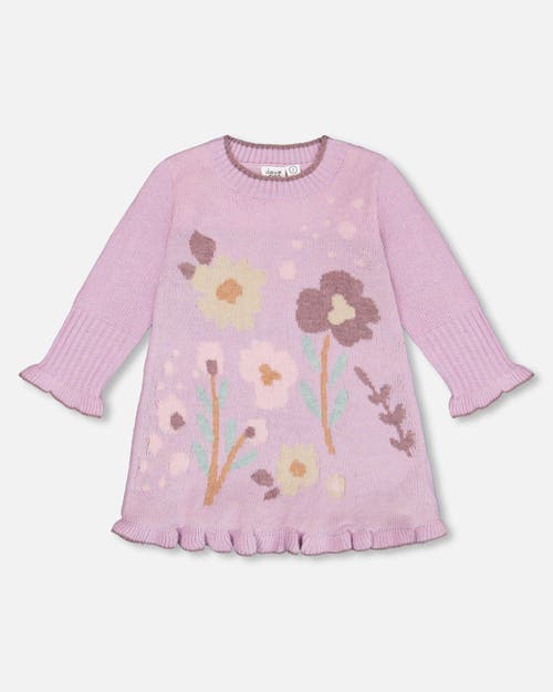 Shop Deux Par Deux Baby Girl's Knitted Dress With Flowers Lilac In Lavender Herb