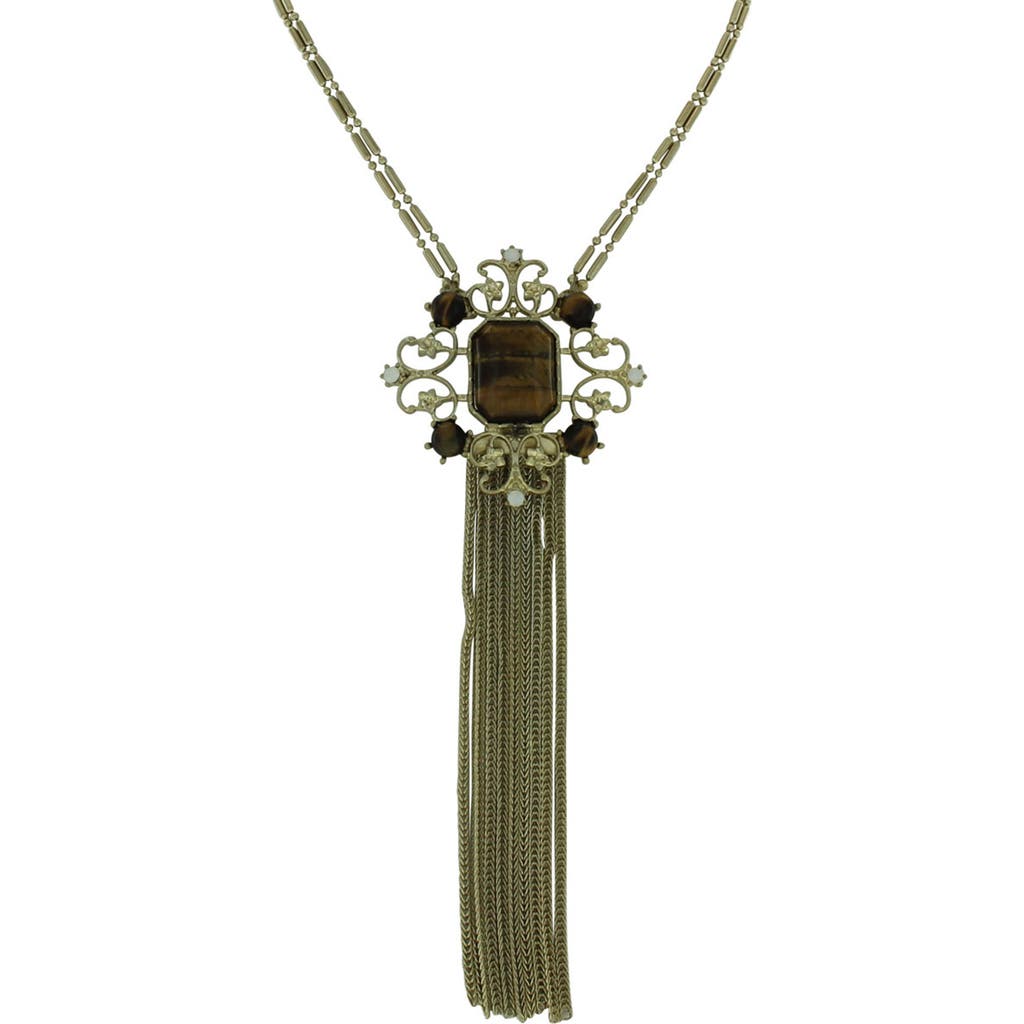 Shop Olivia Welles Double Strand Marled Stone Tassel Necklace In Gold/brown