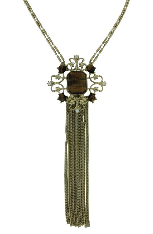 Shop Olivia Welles Double Strand Marled Stone Tassel Necklace In Gold/brown