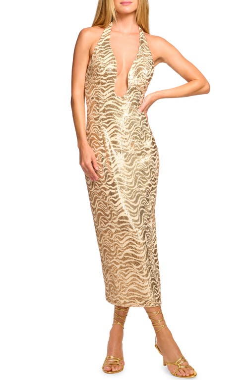 Ramy Brook Tereza Sequin Swirl Stripe Plunge Halter Neck Gown in Gold Swirl 