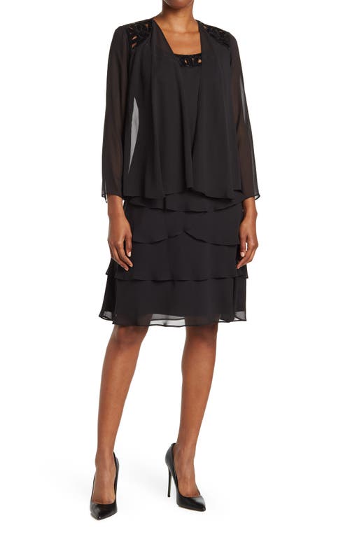 3/4 Sleeve Sequin Dress & Jacket Set in Black