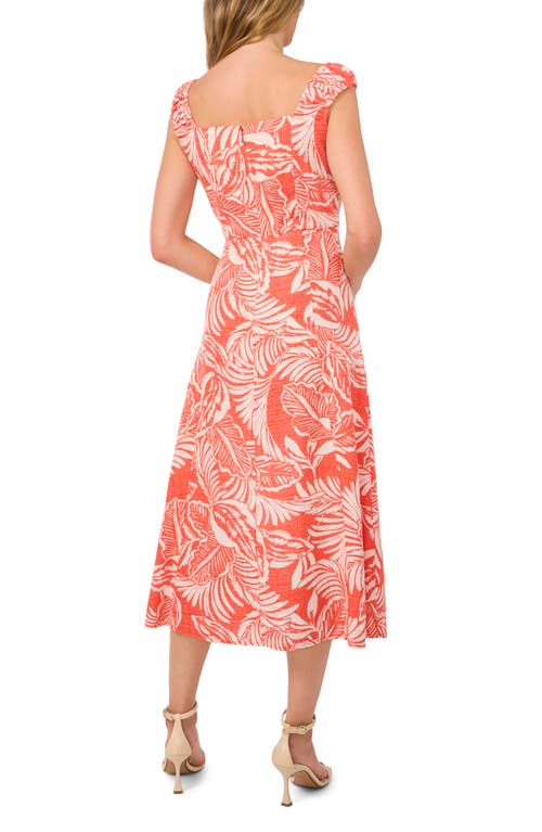 Shop Cece Leaf Print Ruched Strap Linen Blend Midi Dress In Tigerlily Red