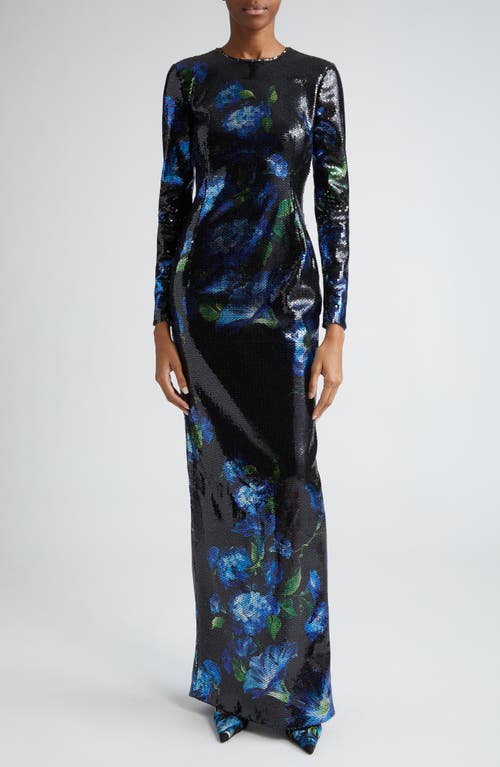 Bluebell Floral Long Sleeve Sequin Gown in Nero
