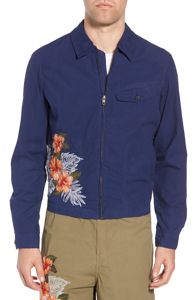 FRENCH CONNECTION Embroidered Poplin Harrington Jacket, Main, color, PATRIOT BLUE