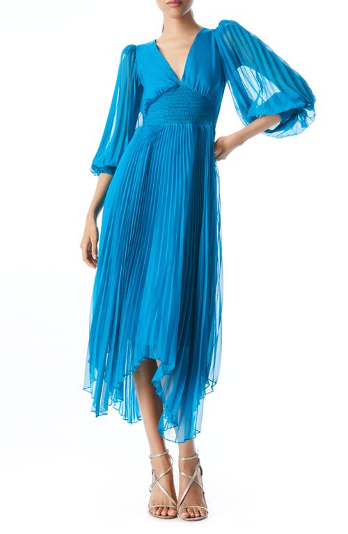 Alice + Olivia Sion Long Sleeve Sunburst Pleat Asymmetric Dress in Turkish Blue