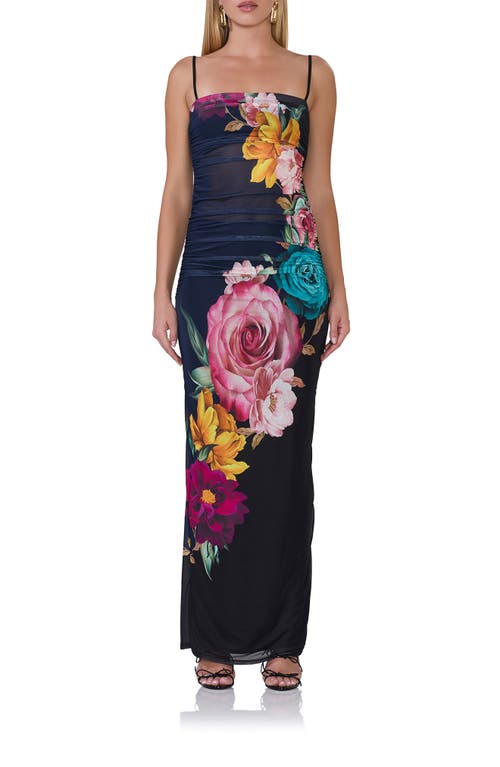 Afrm Jennan Floral Ruched Mesh Maxi Dress In Navy Block Floral