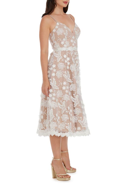 Shop Dress The Population Tahani Floral Embroidered Fit & Flare Midi Dress In White/nude