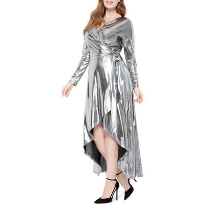 Plus Size Eloquii Metallic Long Sleeve Jersey Wrap Maxi Dress, Metallic