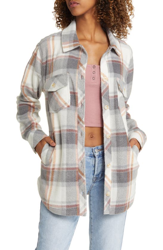 Thread & Supply Plaid Polar Fleece Shacket In Grey Taupe Pink Plaid