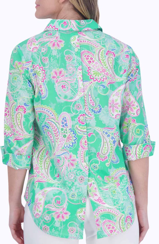 Shop Foxcroft Therese Paisley Non-iron High-low Button-up Shirt In Green Multi