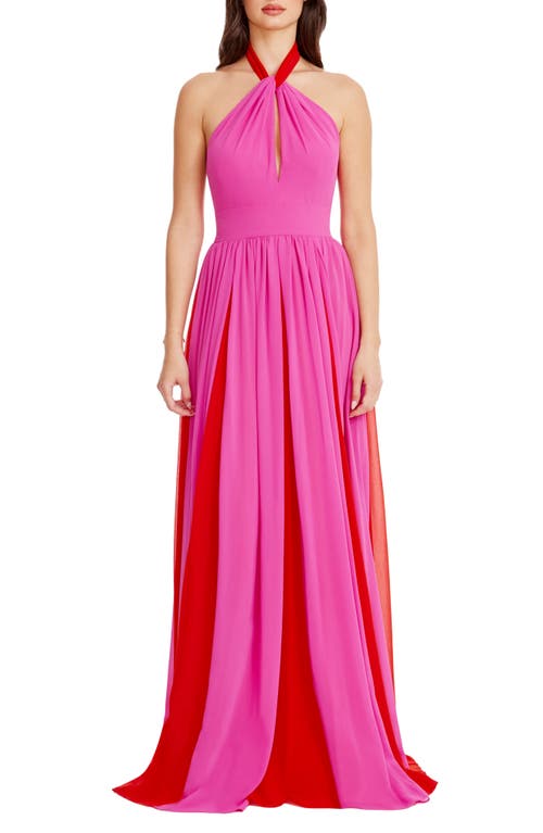 Dress the Population Meg Two-Tone Halter Gown Bright Fuchsia-Poppy at Nordstrom,