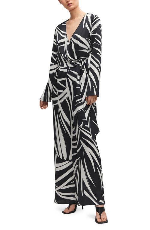 MANGO Abstract Print Long Sleeve Wrap Jumpsuit Black at Nordstrom,