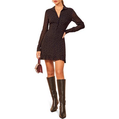 Reformation Lady Ruffle Hem Long Sleeve Minidress, Black