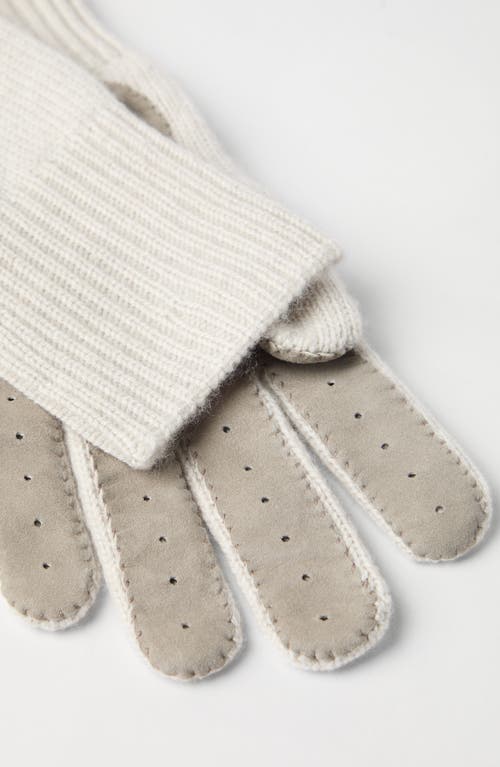 Shop Brunello Cucinelli Cashmere Knit Gloves With Suede Palm In Stone Grey