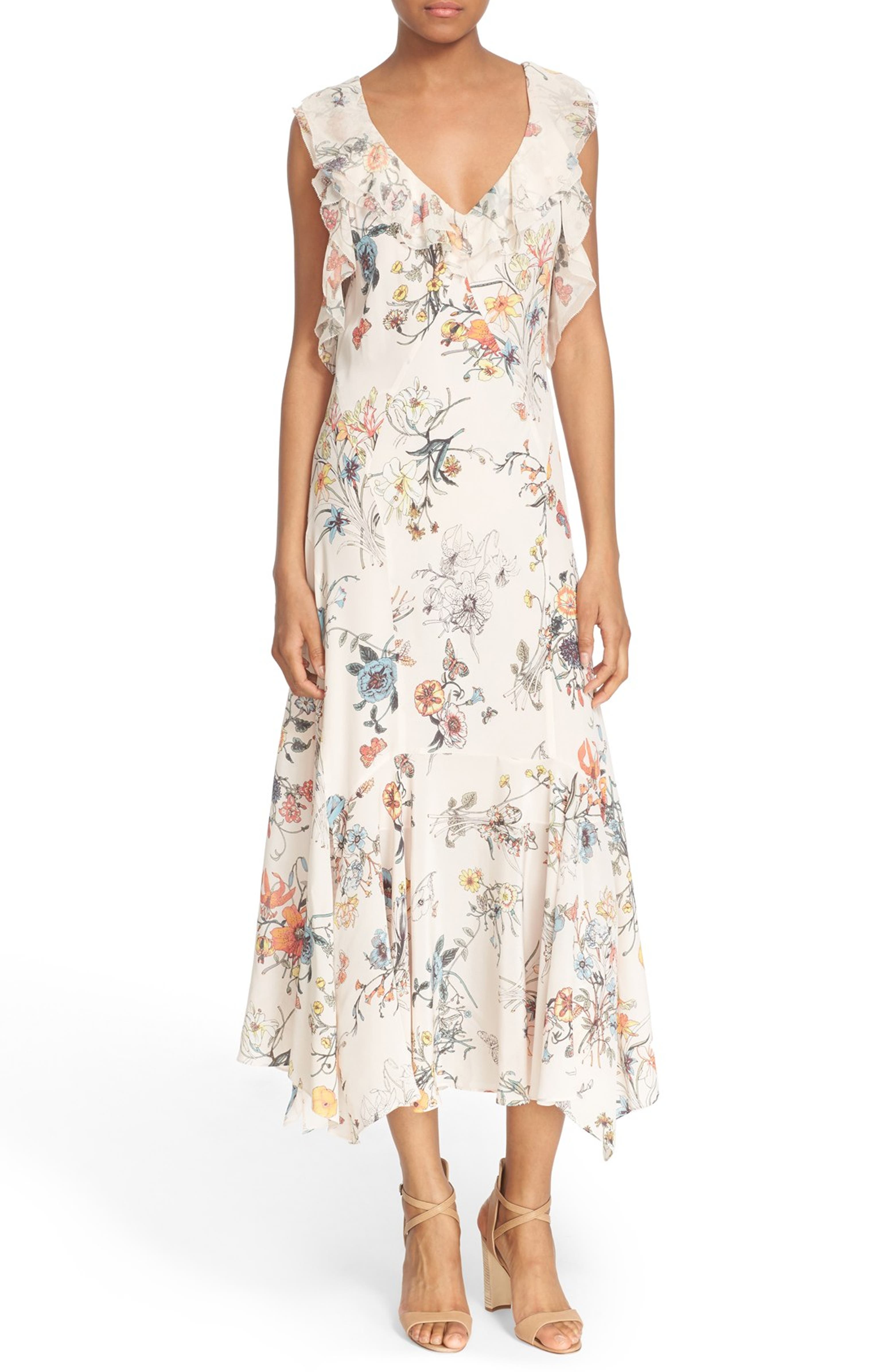 Rebecca Taylor 'Meadow Floral' Print Silk Ruffle V-Neck Dress | Nordstrom