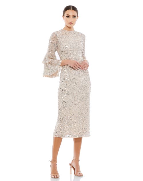 Mac Duggal Tiered Ruffle-sleeve Sequin Midi Dress In Nude