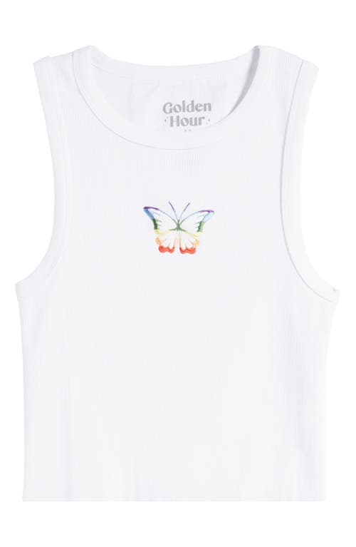 Rainbow Butterfly Embroidered Cotton Tank in White