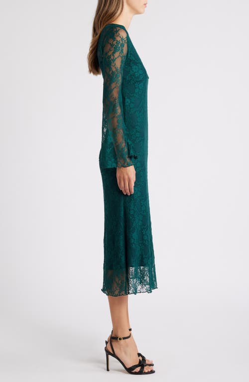 Shop Loveappella Bell Lace Overlay Long Sleeve Midi Dress In Hunter