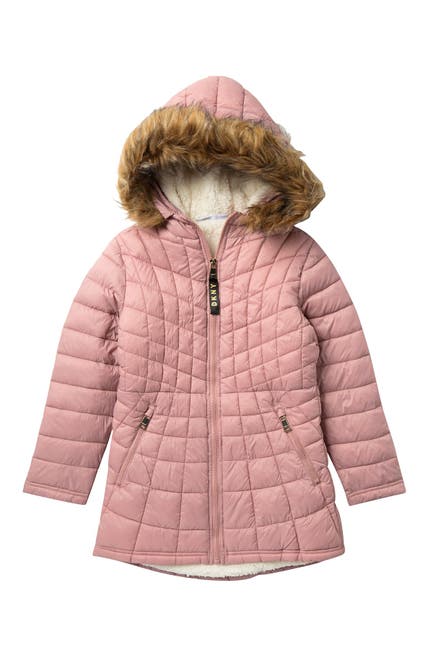 Dkny big girls hooded bubble jacket with faux fur trim Down Down Alternative Clothing Shoes Jewelry Dkny Girls Heavyweight Quilted Bubble Jacket With Snap And Zip Closure And Removable Fur Hood