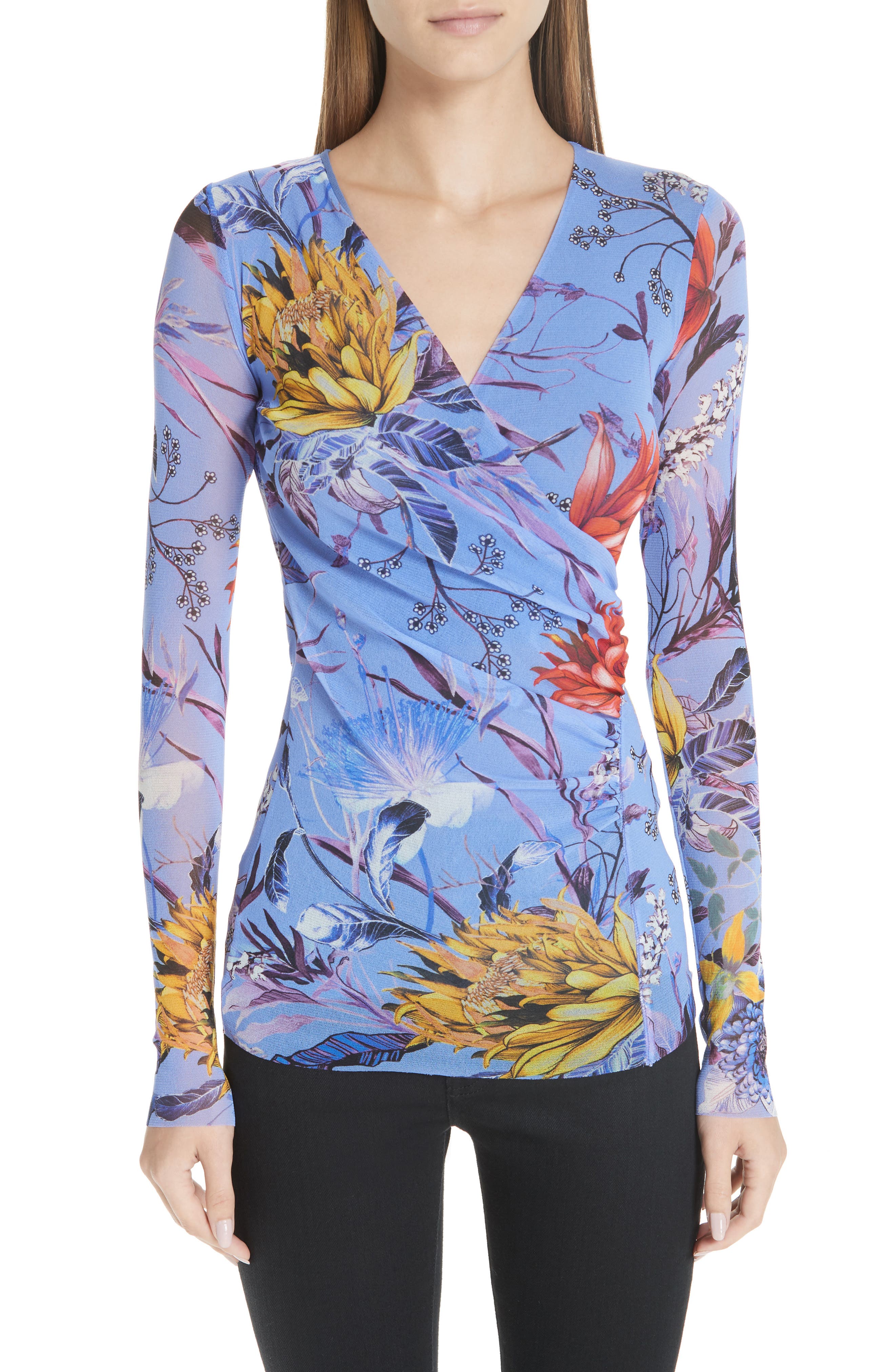 Fuzzi Floral Tulle Wrap Top, Purple
