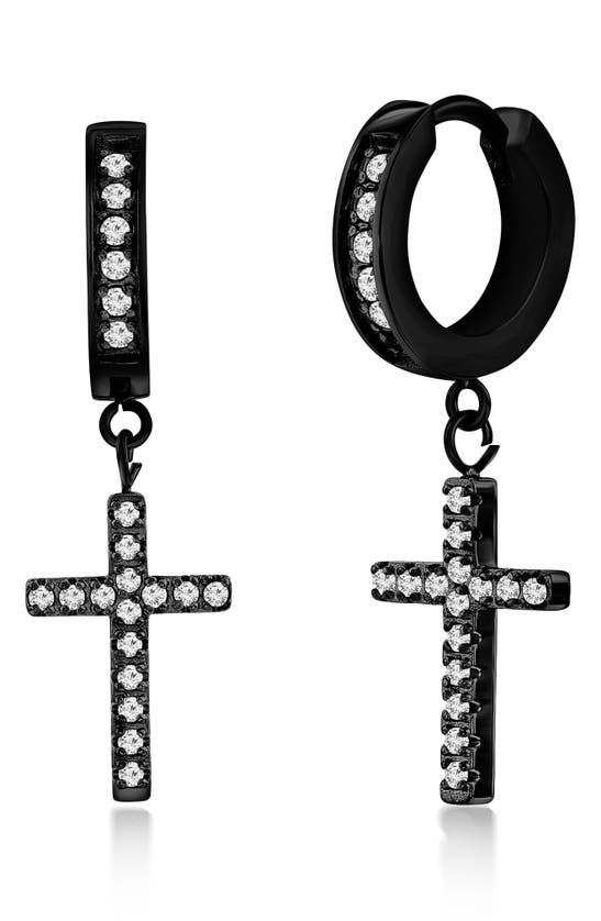 Blackjack Cz Cross Huggie Hoop Earrings In Black