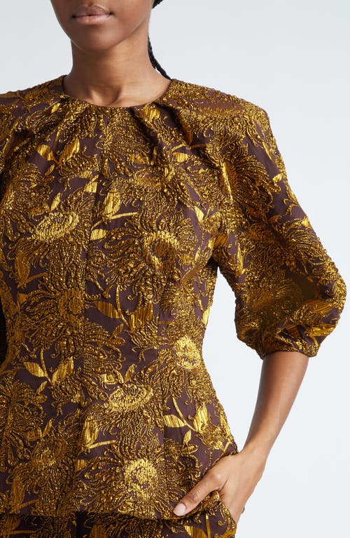 Shop Lela Rose Floral Peplum Top In Chestnut/gold