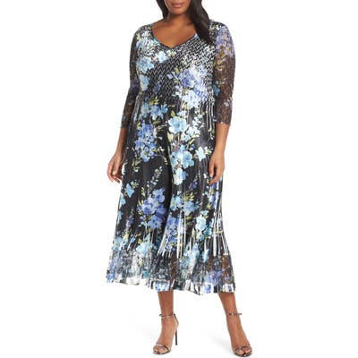 Plus Size Komarov Floral Print V-Neck Charmeuse Tea Length Dress, Black