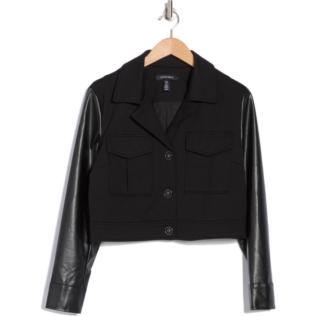 Ellen Tracy Faux Leather Trim Bomber Jacket In Black