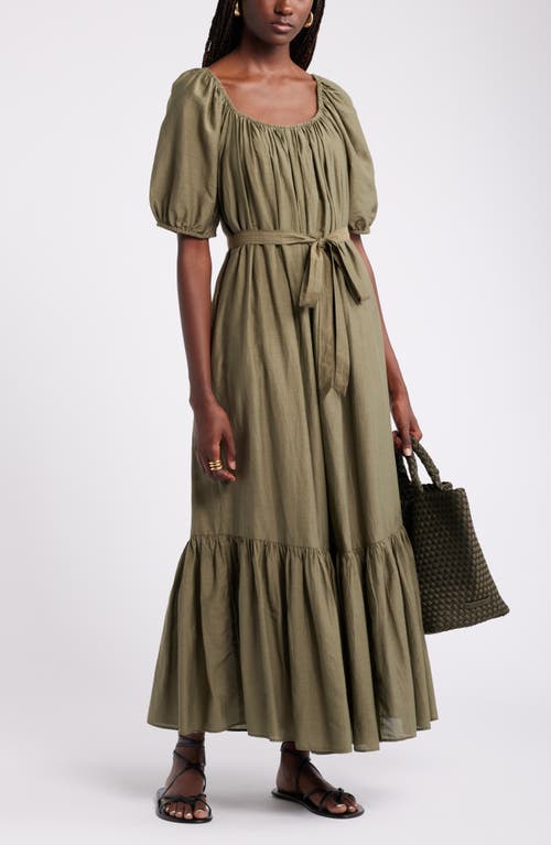 Shop Nordstrom Tiered Blouson Sleeve Cotton & Silk Maxi Dress In Olive Burnt