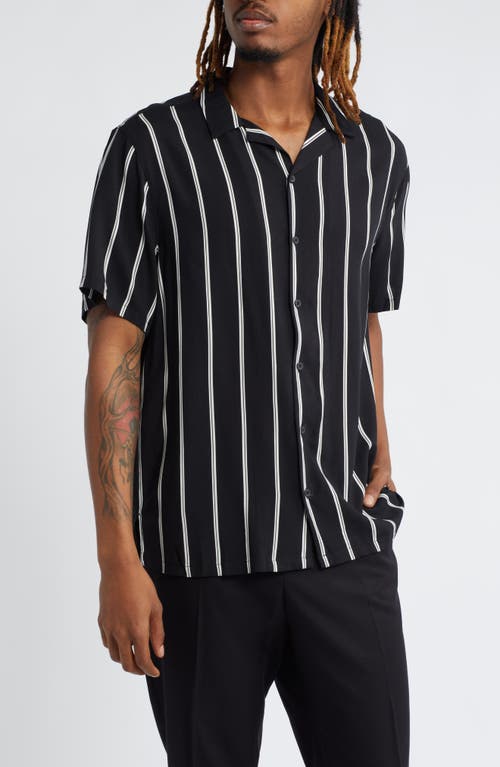 Open Edit Stripe Notched Collar Camp Shirt Black Hipstripe at Nordstrom,