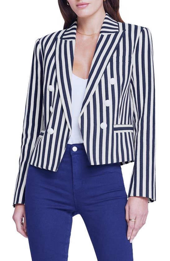 L Agence Brooke Striped Cropped Blazer In Navy/ecru Stripe