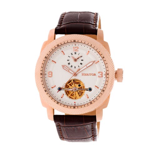 Shop Heritor Automatic Helmsley Semi-skeleton Leather-band Watch In Rose Gold/white