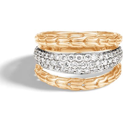 John Hardy Classic Chain 18K Gold & Pave Diamond Ring