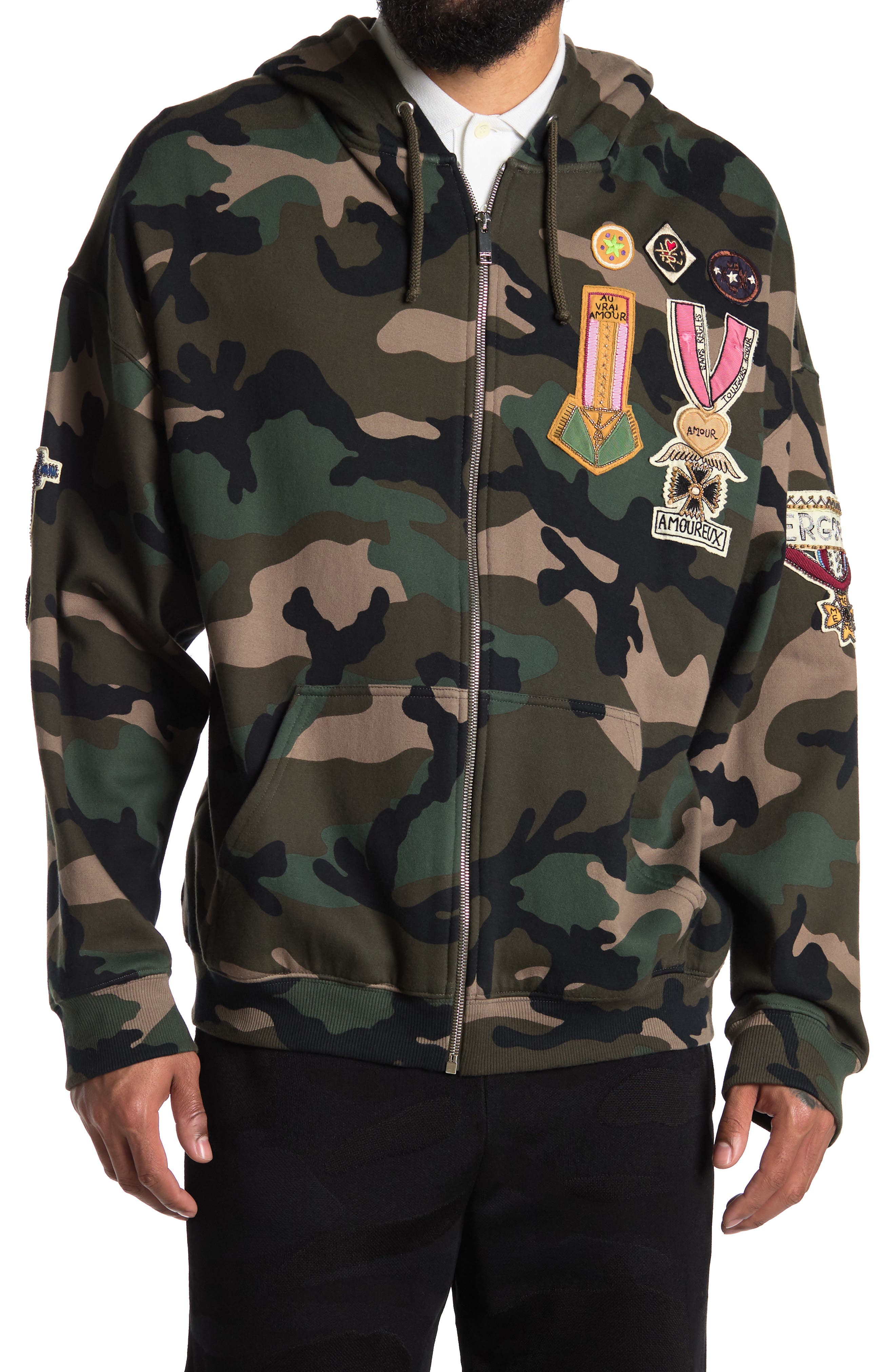 Valentino Embroidered & Printed Zip Hoodie In Camou Army